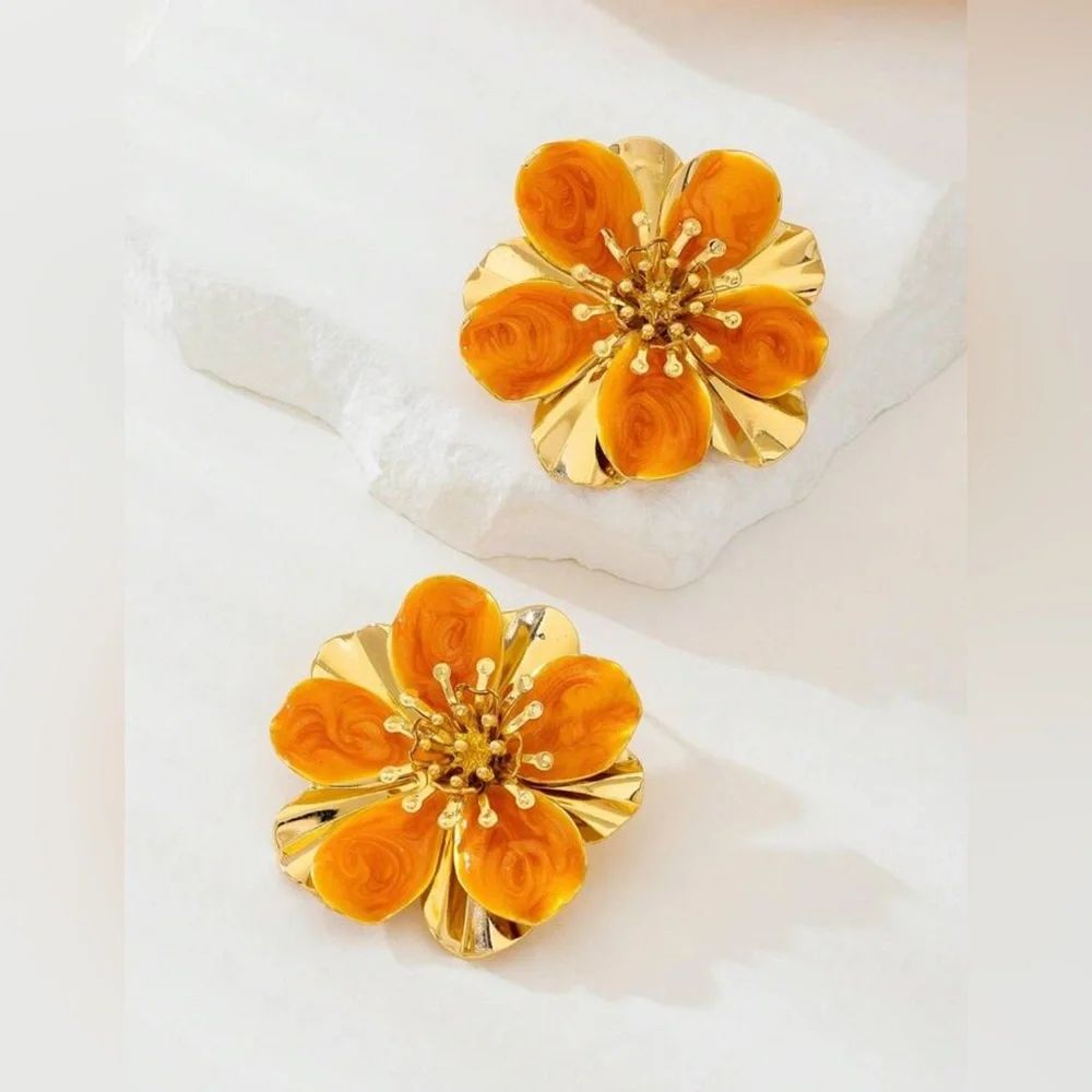 Boho Orange Flower Earrings Gold Double Layer 18K Gold Plated - Picture 3 of 3